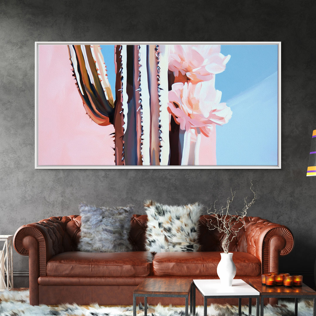 Cactus Bloom, Southwestern Wall Decor, Modern Desert Art, Boho Nature Painting, Minimalist Floral Scene, Aesthetic Pastel Tones, Canvas Print