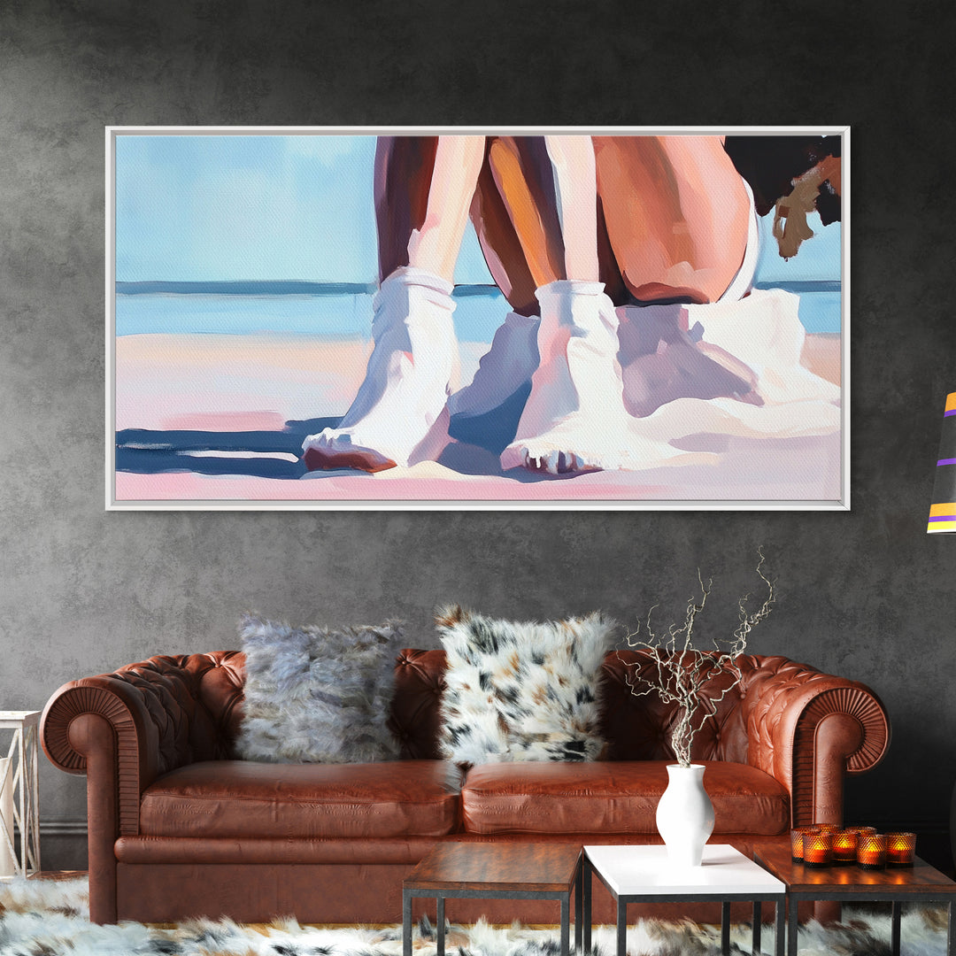 Beach Sitting, Relaxing Moment, Coastal Escape, Soft Pastels, Framed Canvas Print, Boho Art, Bedroom Wall Decor, Modern Minimalist Art