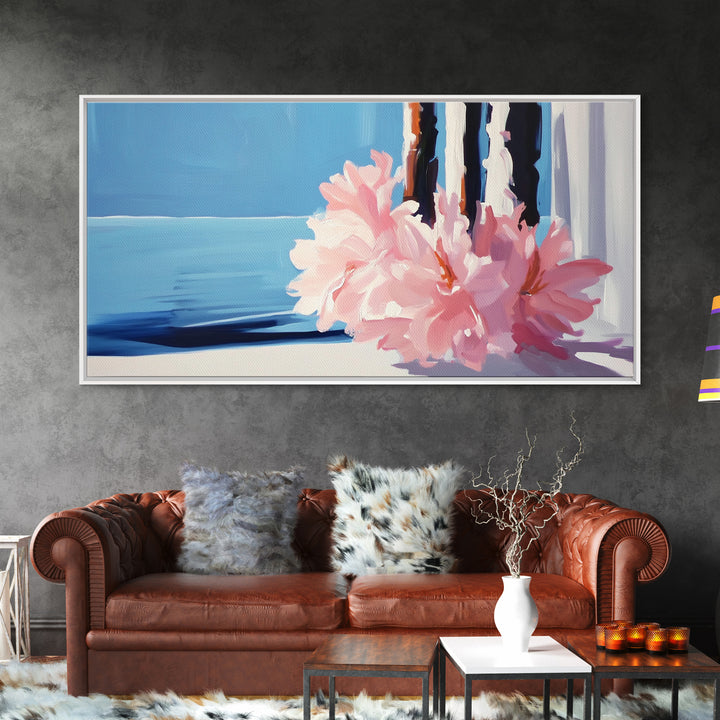 Ocean View, Floral Arrangement, Pastel, Canvas Print, Coastal Wall Art, Beach House Aesthetic, Modern Decor, Blue and Pink Theme