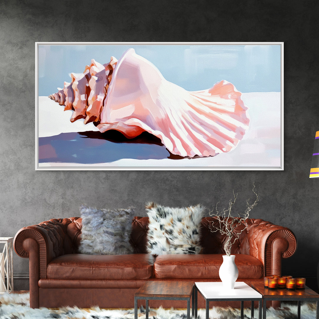 Conch Shell, Beach, Pastel, Framed Canvas Print, Coastal Wall Art, Tropical Decor, Seashell Aesthetic, Living Room Accent Piece