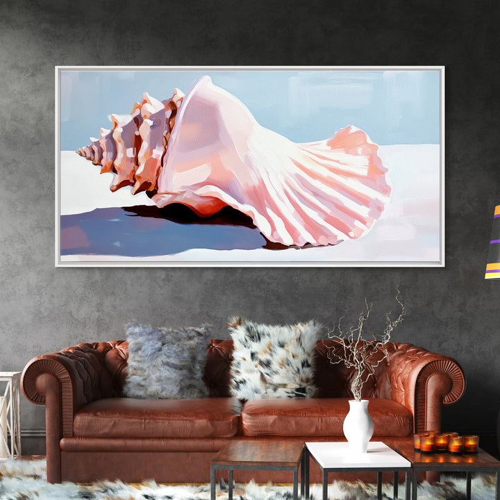 Conch Shell, Beach, Pastel, Framed Canvas Print, Coastal Wall Art, Tropical Decor, Seashell Aesthetic, Living Room Accent Piece