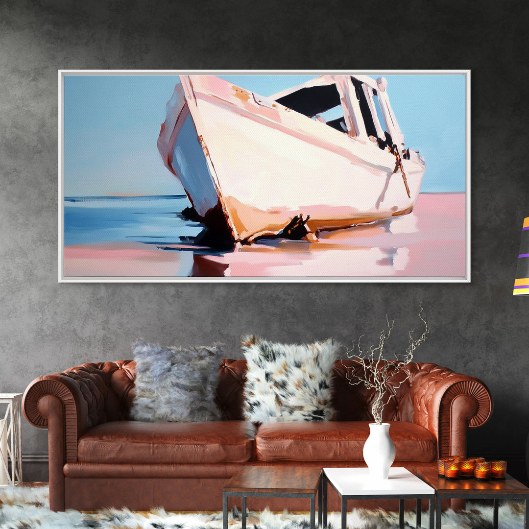 Beached Boat, Coastal Art, Nautical Decor, Canvas Print, Beach House Wall Art, Ocean Painting, Rustic Wall Decor, Living Room Art