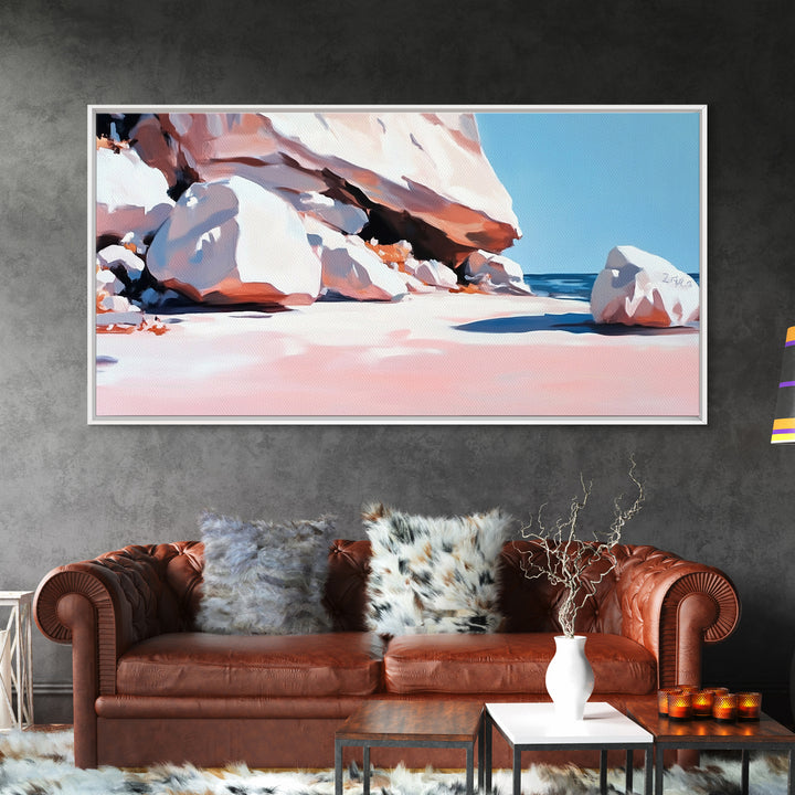 Rocky Beach Scene, Coastal Landscape, Modern Nature Art, Relaxing Seaside View, Framed Canvas Print, Ocean Wall Decor