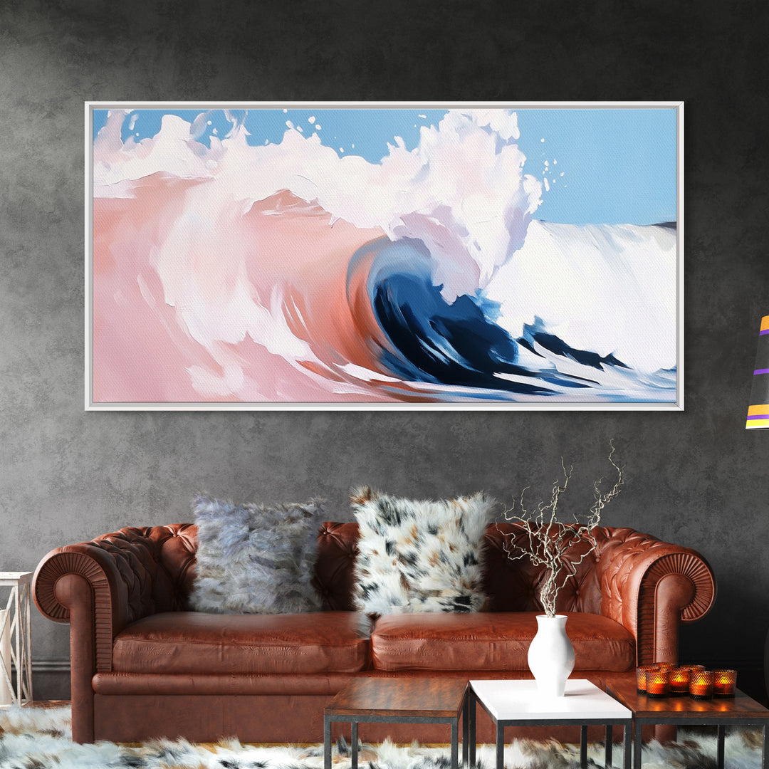 Ocean Wave, Abstract Beach Painting, Dynamic Wall Art, Coastal Decor, Surfer Aesthetic, Blue and White Framed Canvas Print