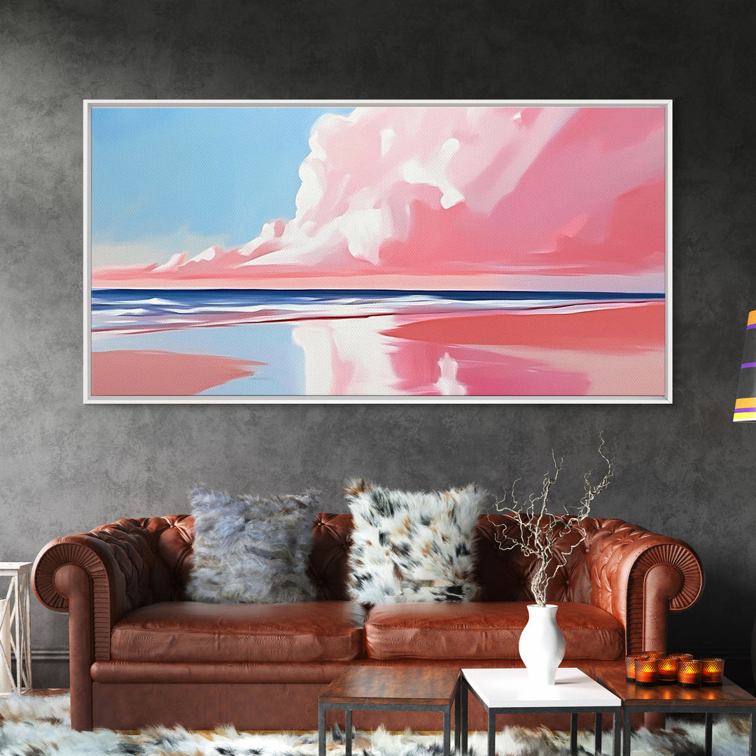 Pink Beach, Dreamy Ocean, Framed Canvas Print, Coastal Art, Minimalist Seascape, Modern Wall Decor, Soft Pastel Landscape