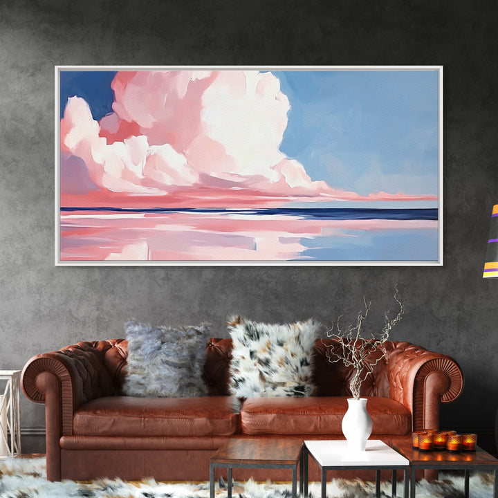 Cloudy Seascape, Pink Horizon, Framed Canvas Print, Coastal Art, Serene Wall Decor, Sunset Painting, Ocean Aesthetic