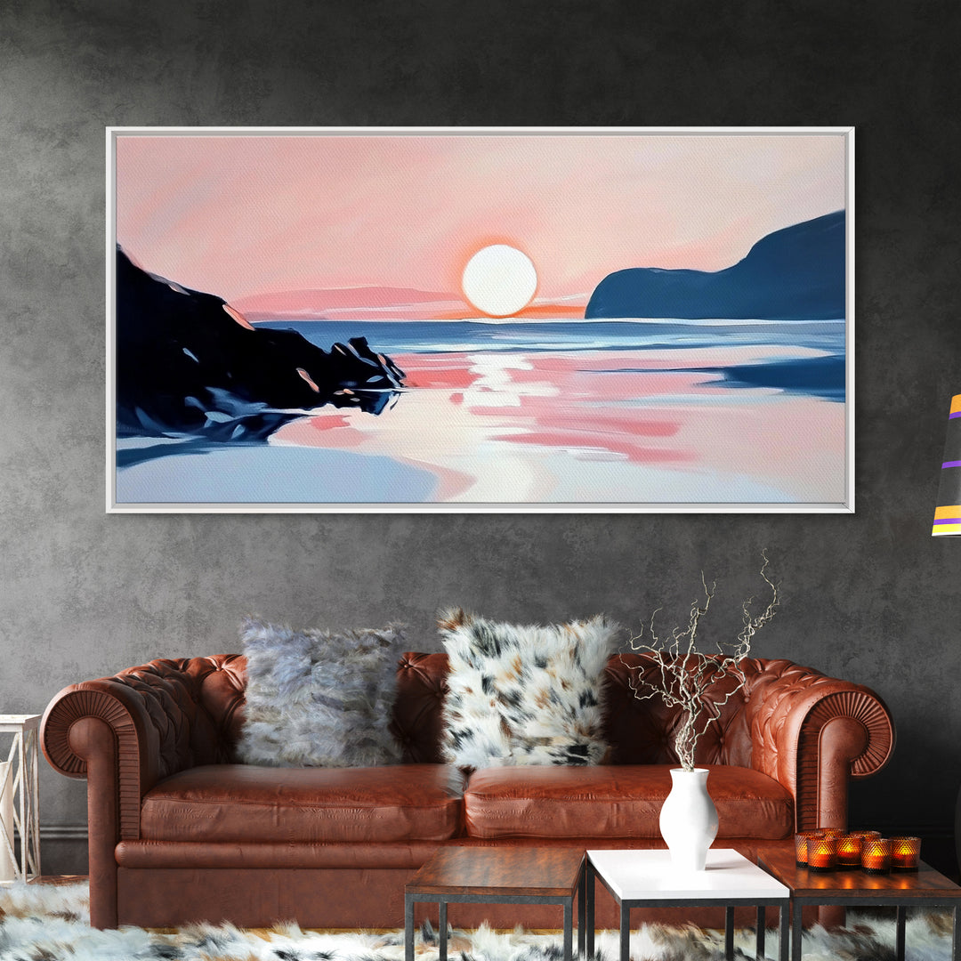 Dreamy Sunset, Coastal View, Framed Canvas Print, Serene Seascape, Beach House Decor, Modern Ocean Art, Calming Home Aesthetic