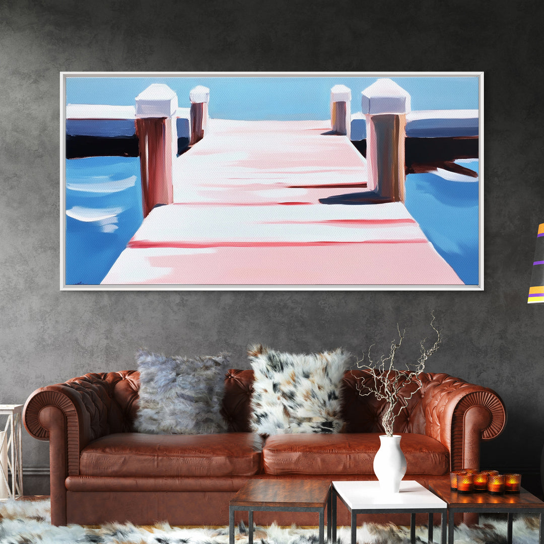 Dockside View, Nautical Art, Framed Canvas Print, Coastal Wall Decor, Beach House Aesthetic, Minimalist Ocean Painting