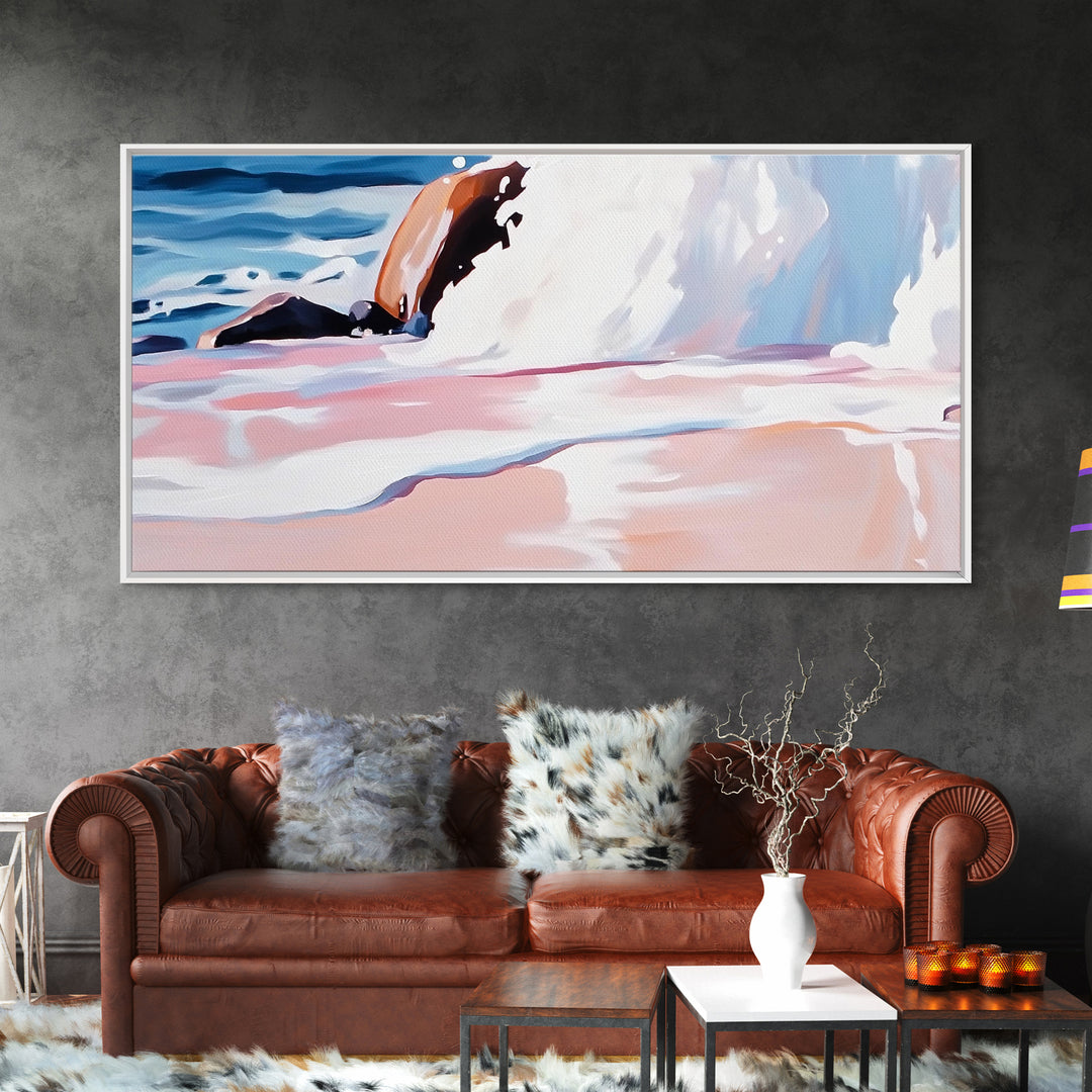 Rocky Shore, Wave Crash, Framed Canvas Print, Coastal Wall Art, Beach House Decor, Serene Seascape, Modern Ocean Painting