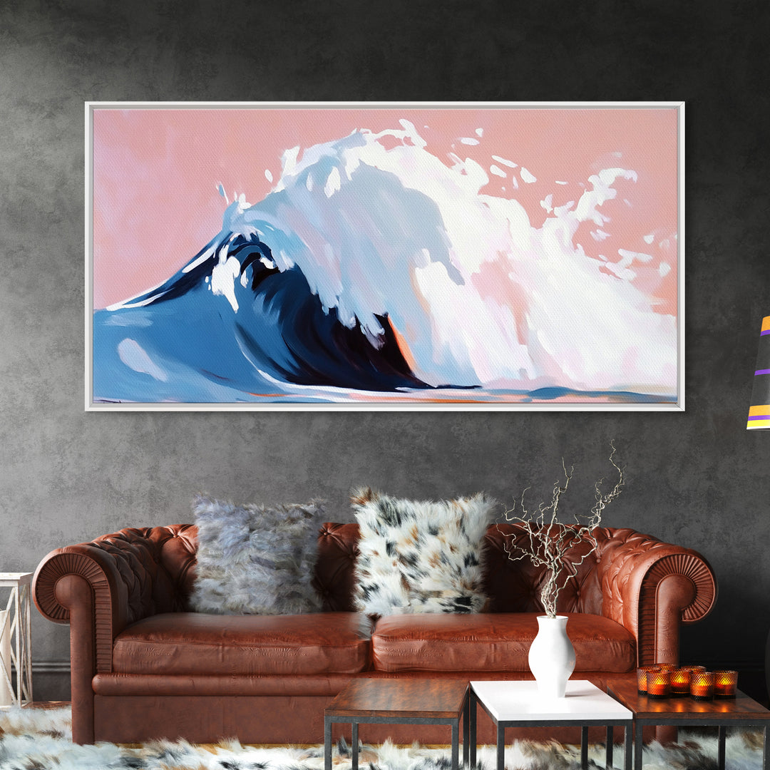 Blush Wave, Ocean Spray, Framed Canvas Print, Coastal Art, Modern Beach Decor, Serene Seascape, Surfer Aesthetic, Pastel Painting