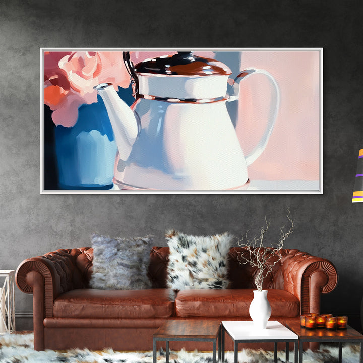 Teapot Charm, Vintage Still Life, Framed Canvas Print, Cottagecore Kitchen Decor, Shabby Chic Art, Pastel Home Aesthetic, Cozy Wall Art
