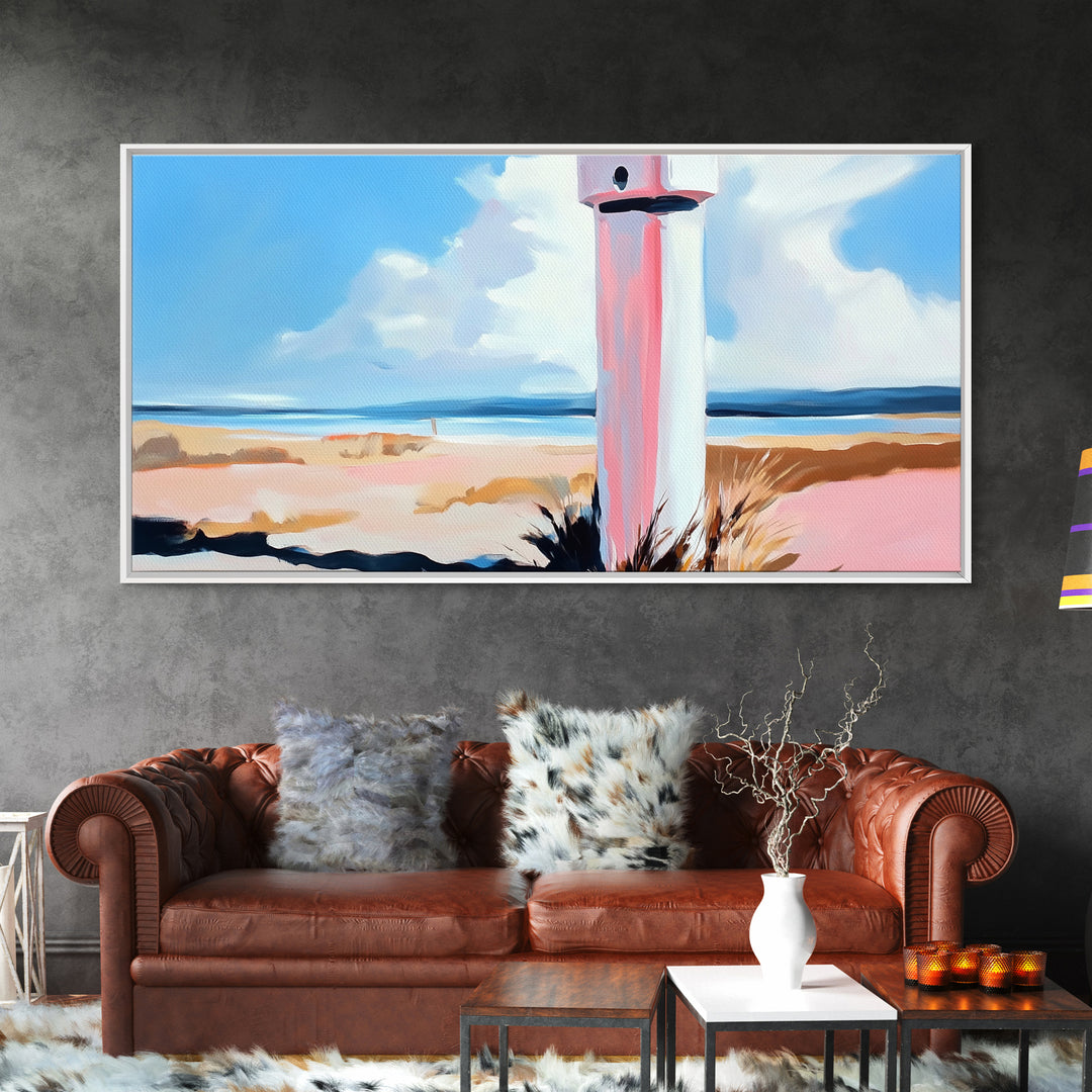 Coastal Lighthouse, Beach Wall Art, Nautical Decor, Ocean Landscape, Seaside Home, Modern Minimalist, Framed Canvas Print