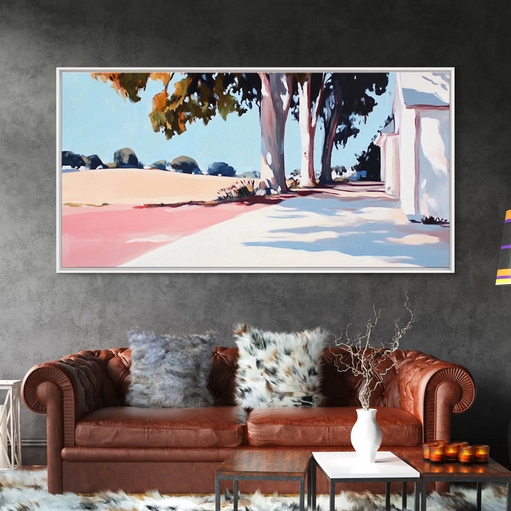 Country Road, Rural Landscape, Serene Nature, Golden Fields, Rustic Farmhouse, Countryside Charm, Warm Autumn Hues, Canvas Print