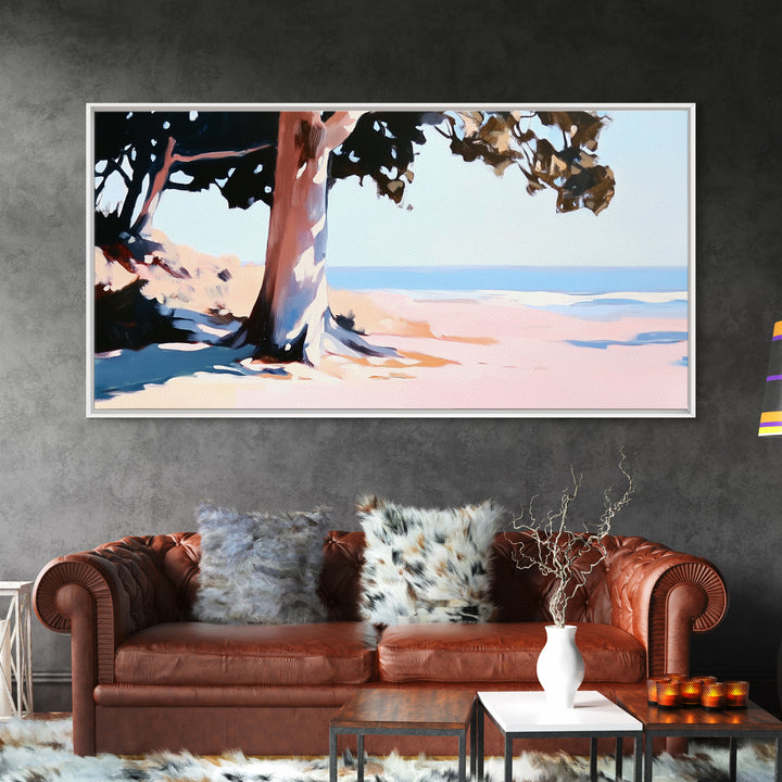 Coastal Tree, Beach Serenity, Ocean Landscape, Minimalist Aesthetic, Tranquil Seascape, Boho Decor, Nature Art, Framed Canvas Print