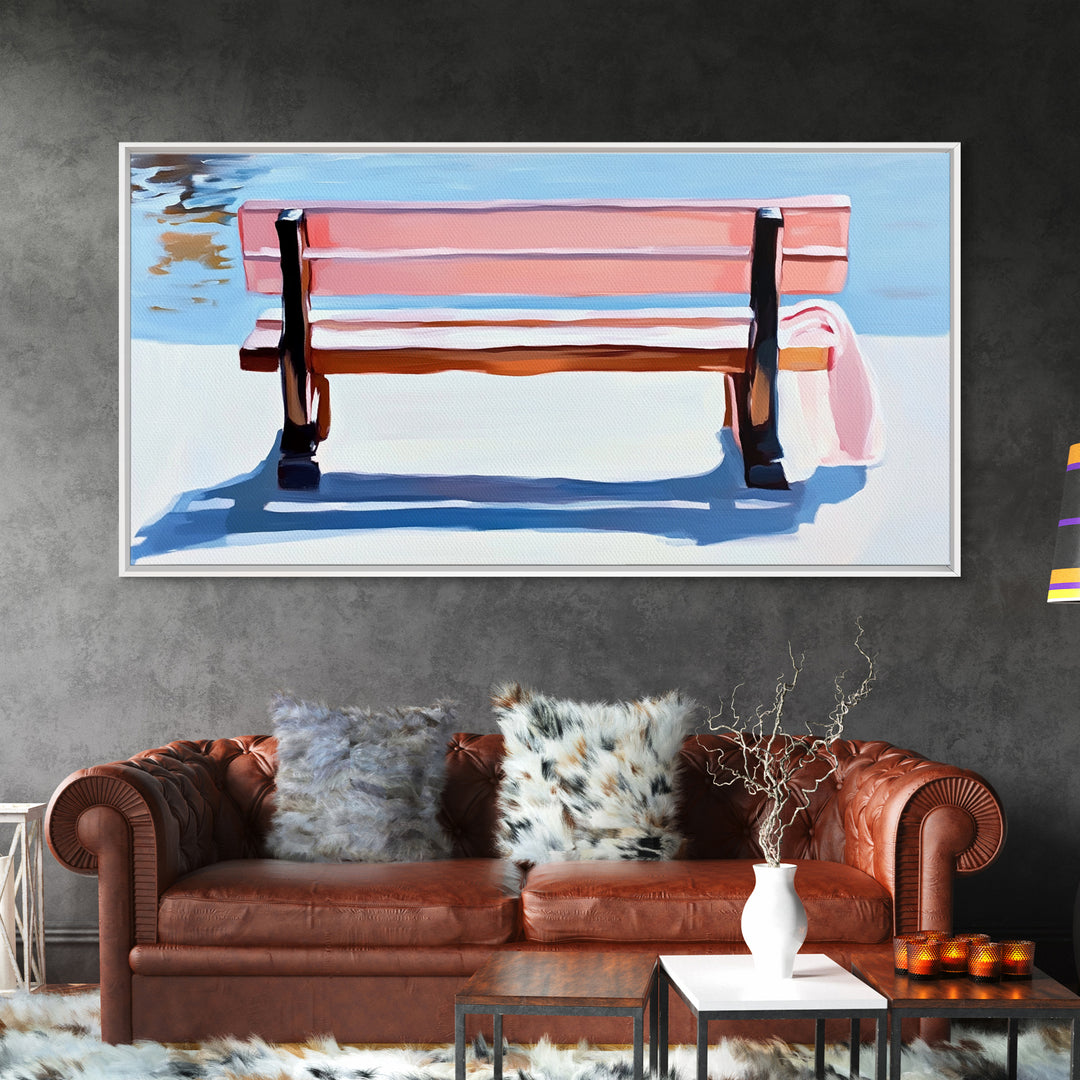 Park Bench, Peaceful Moment, Minimalist Art, Living Room Wall Art, Pastel Landscape, Framed Canvas Print, Impressionist Style, Soft Blue Pink