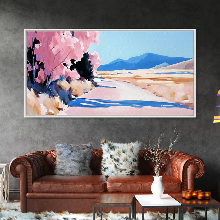Blossoms, Mountain Path, Scenic Landscape Art, Nature Painting, Boho Decor, Framed Canvas Print, Pastel Pink Trees, Serene Wall Art