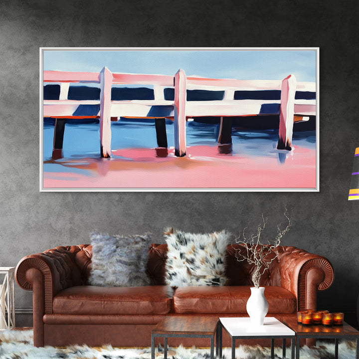 Dock, Reflections, Landscape Art, Nautical Decor, Serene Water Painting, Framed Canvas Print, Minimalist Seaside Art, Blue Pink Aesthetic