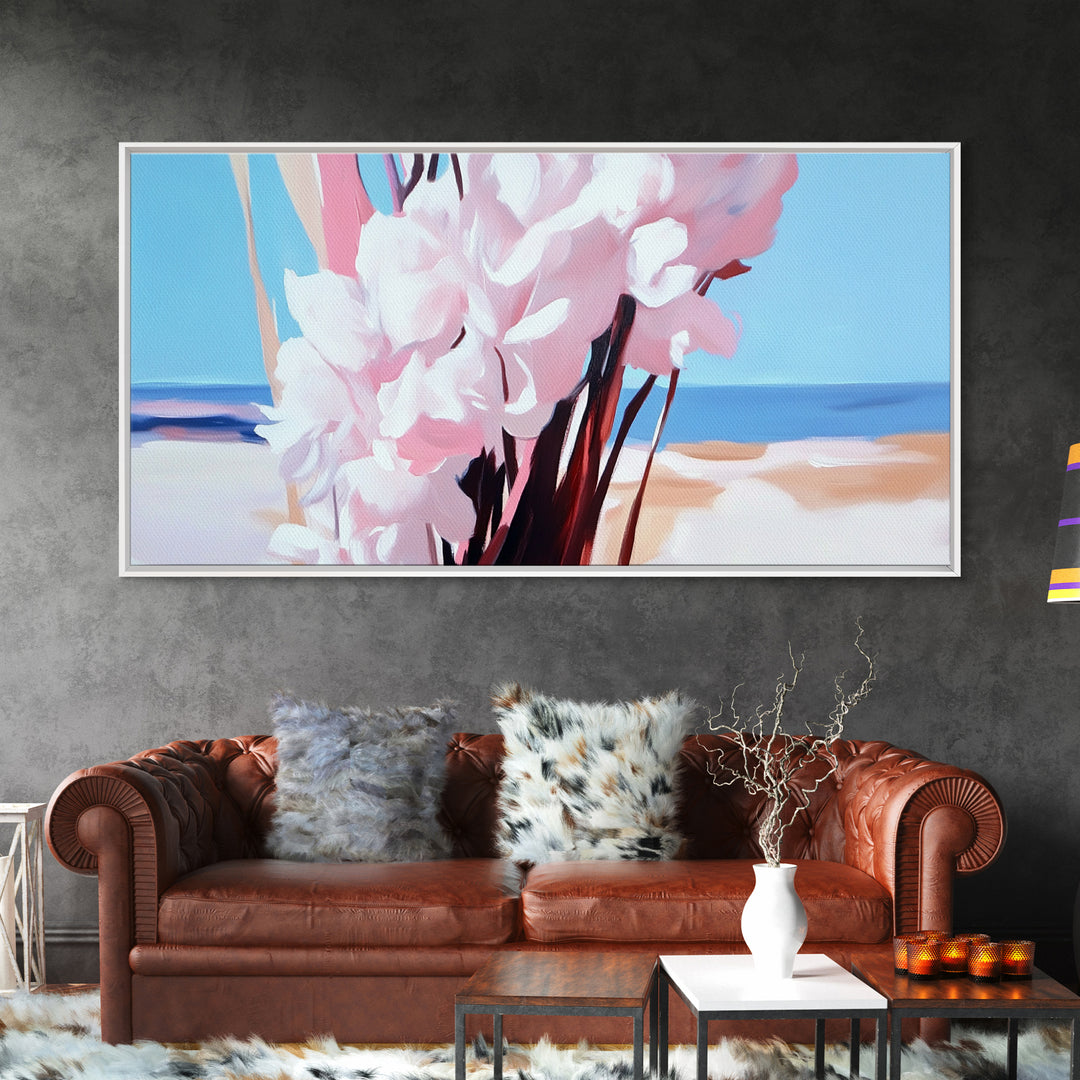 Coastal Flowers, Beach House Art, Pink Blossom Painting, Nature Wall Art, Minimalist Decor, Framed Canvas Print, Modern Living Room
