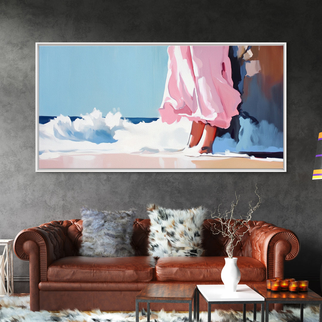 Ocean Breeze, Pink Dress, Coastal Art, Modern Seascape, Minimalist Wall Art, Living Room Decor, Beach Aesthetic, Canvas Print