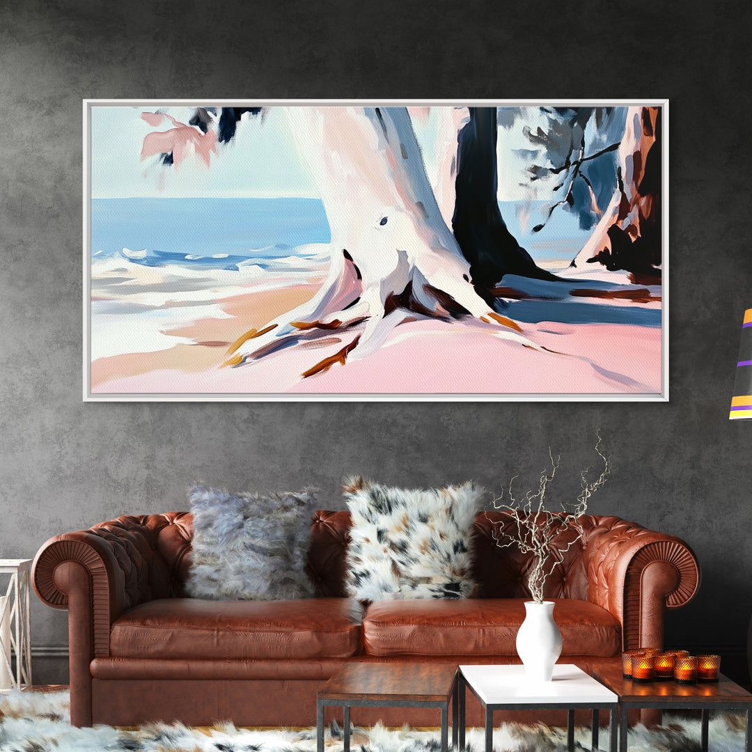 Beach Tree, Coastal Roots, Modern Nature Art, Minimalist Seascape, Living Room Wall Art, Tranquil Landscape, Canvas Print