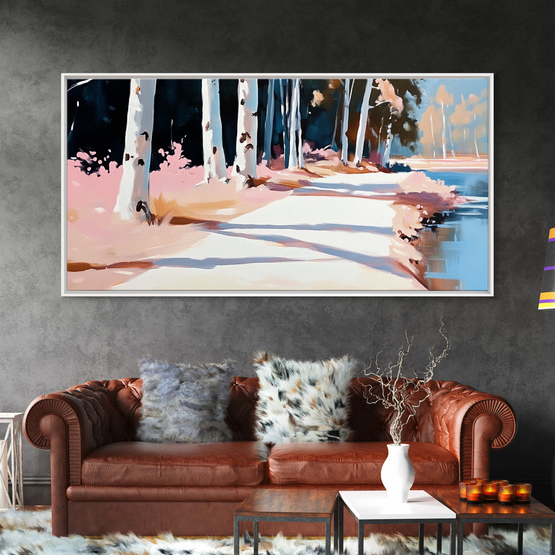 Birch Path, Autumn Landscape, Tranquil Nature Art, Minimalist Forest Print, Warm Neutral Tones, Living Room Wall Art, Canvas Print