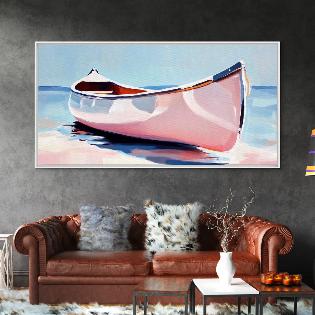 Canoe, Calm Waters, Minimalist Wall Art, Boho Adventure Decor, Nature Inspired Artwork, Lake House Aesthetic, Framed Canvas Print