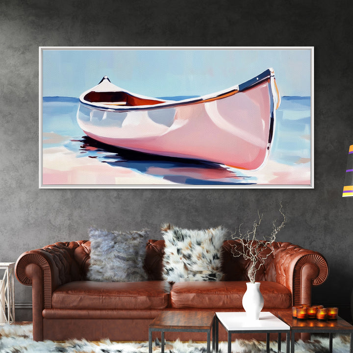 Canoe, Calm Waters, Minimalist Wall Art, Boho Adventure Decor, Nature Inspired Artwork, Lake House Aesthetic, Framed Canvas Print