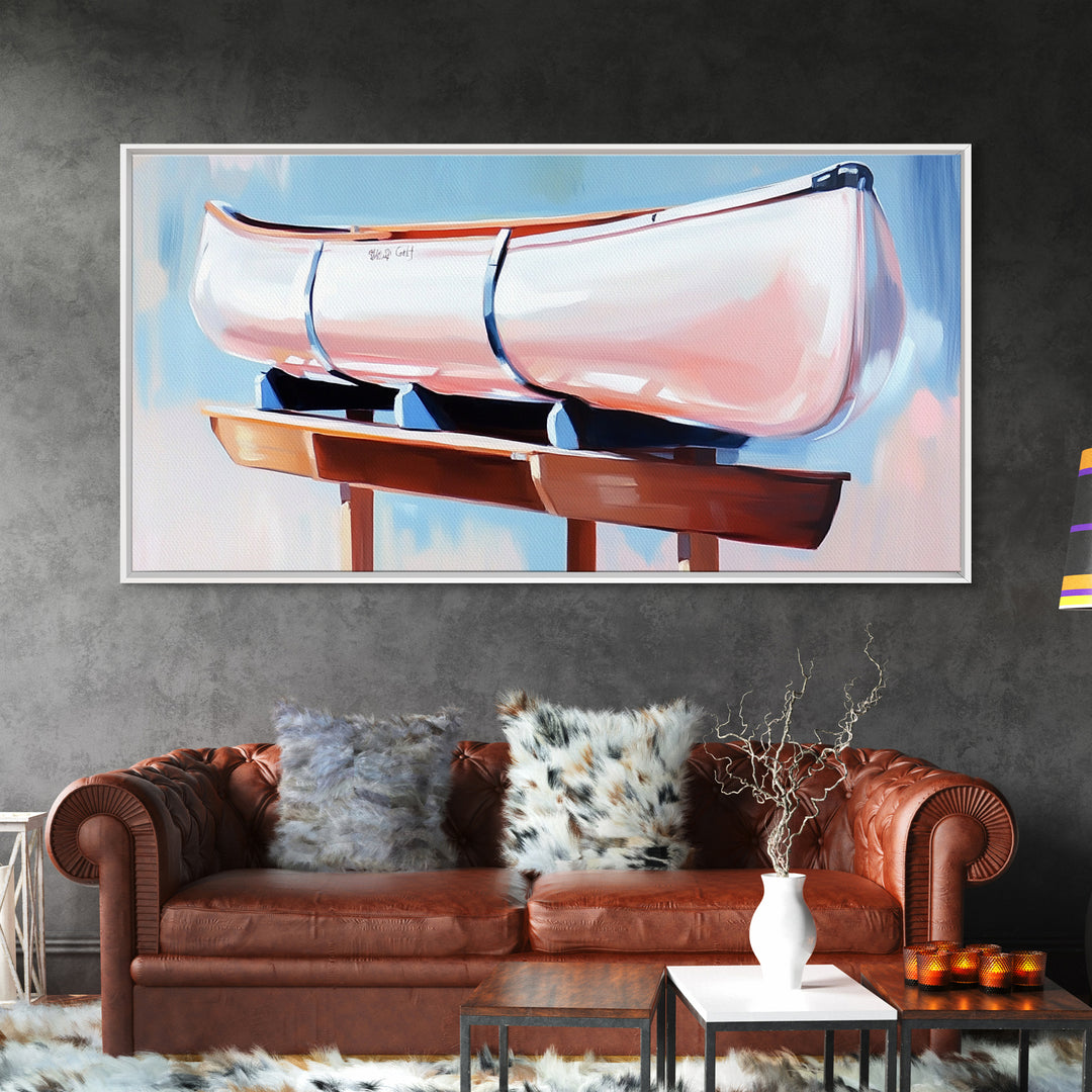 Canoe, Dockside View, Rustic Adventure Art, Cabin Wall Decor, Nature Inspired Aesthetic, Outdoor Enthusiast Gift, Framed Canvas Print