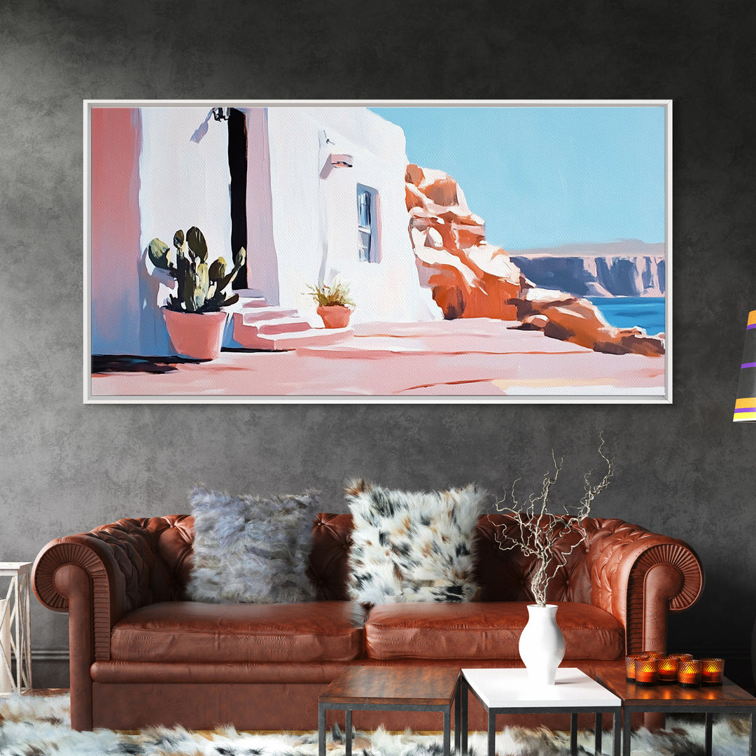 Cliffside House, Mediterranean Wall Art, Travel Print, Santorini Inspired Decor, Minimalist Aesthetic, Framed Canvas Print, Living Room