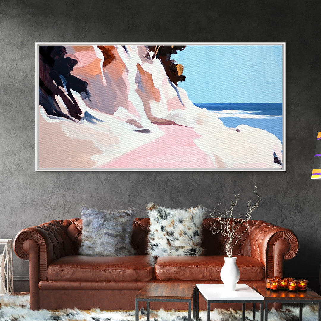 Coastal Path, Beach Cliffside Art, Ocean Landscape Print, Tranquil Summer Wall Art, Minimalist Pastel Decor, Framed Canvas Print