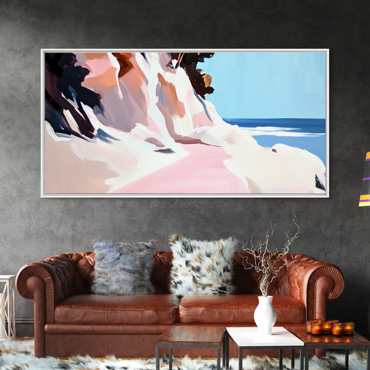 Coastal Path, Beach Cliffside Art, Ocean Landscape Print, Tranquil Summer Wall Art, Minimalist Pastel Decor, Framed Canvas Print