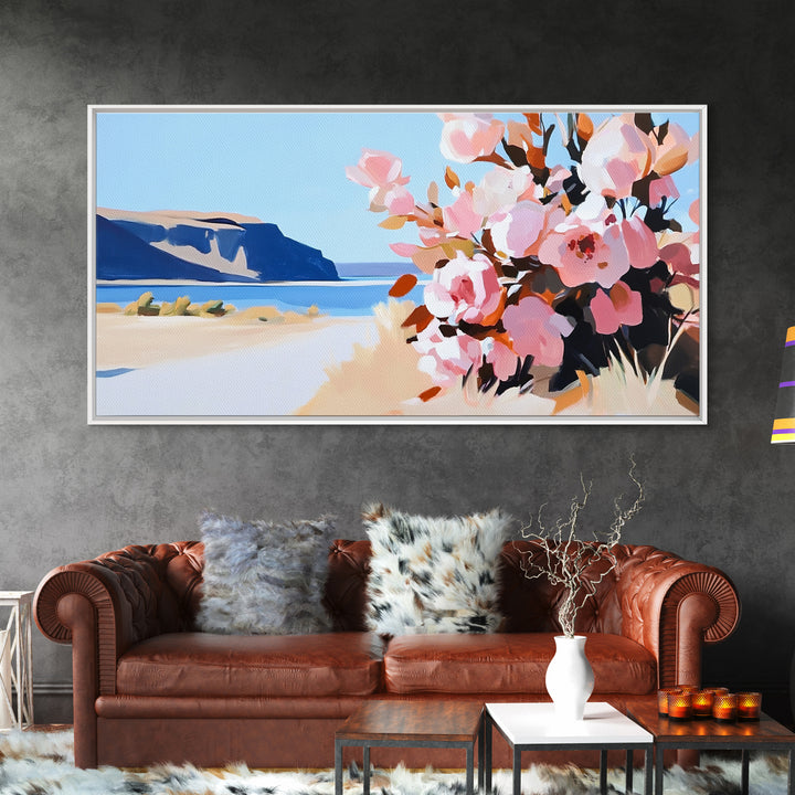 Coastal Flowers, Blue Ocean, Beach Aesthetic, Vibrant Nature Art, Boho Wall Decor, Bedroom Art, Pink Floral Scene, Canvas Print