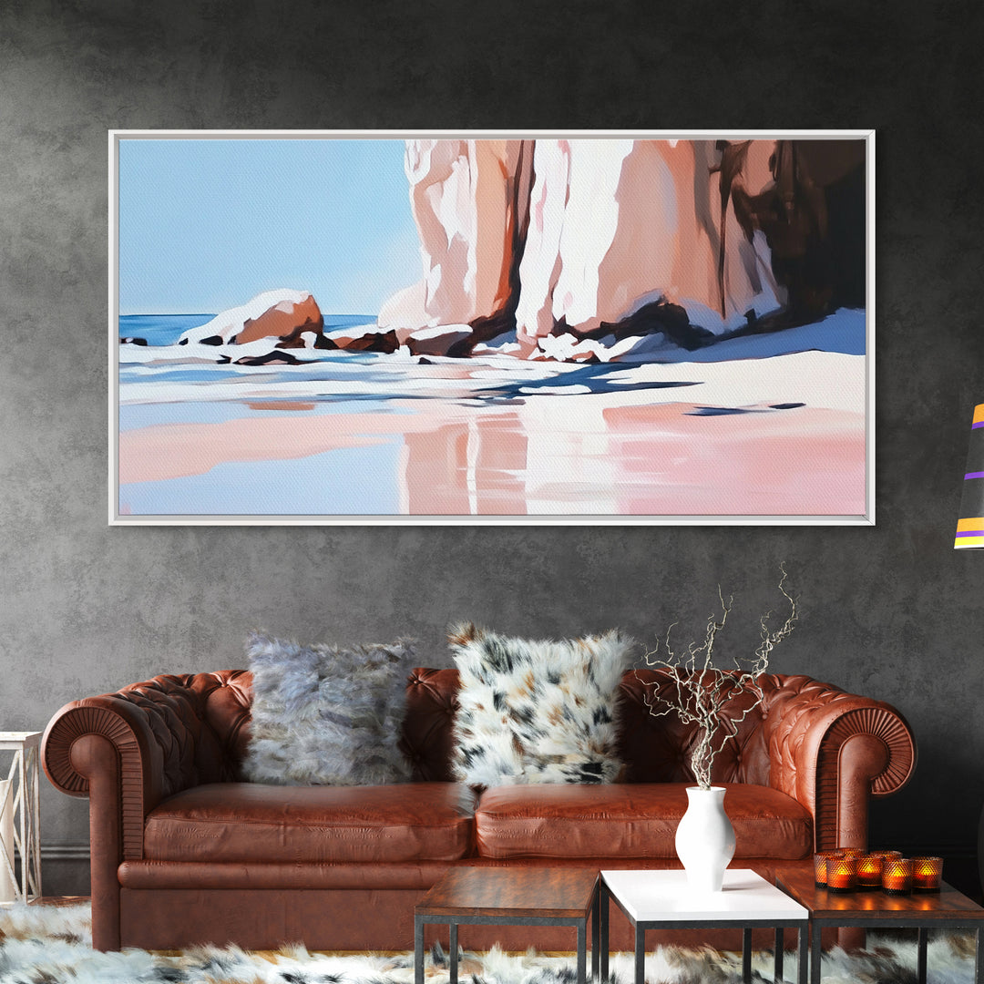 Beach Reflections, Rock Formations, Seaside Art, Canvas Print, Coastal Wall Decor, Ocean Painting, Living Room Art, Minimalist Beach Art