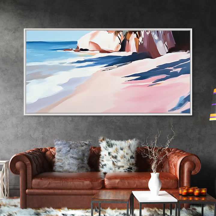 Ocean Shoreline, Rocky Beach, Blue Waves, Canvas Print, Modern Coastal Art, Beach House Decor, Living Room Wall Art, Minimalist Seascape