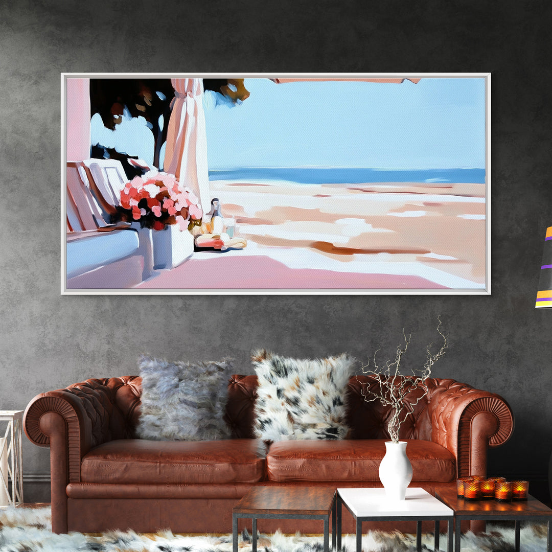 Beachside Terrace, Relaxing View, Oceanfront Art, Canvas Print, Coastal Home Decor, Nautical Painting, Living Room Wall Art, Blue Art