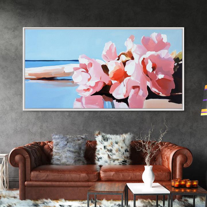 Beach Flowers, Coastal Art, Pink Peonies, Seaside Decor, Framed Canvas Print, Living Room Wall Art, Romantic Art, Boho Aesthetic