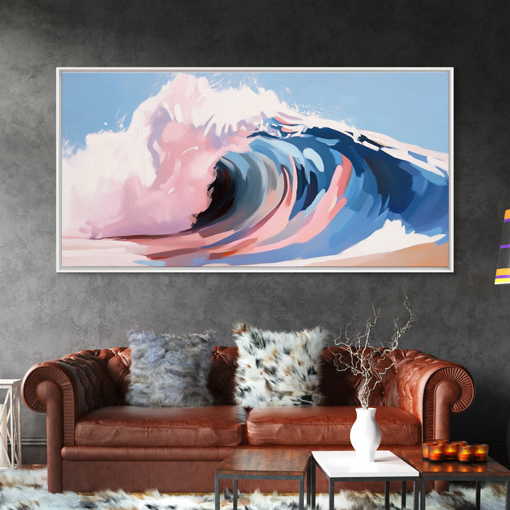 Ocean Wave, Abstract Seascape, Beach Aesthetic, Coastal Home, Canvas Print, Modern Beach House Wall Art, Blue and Pink Waves, Surf Art