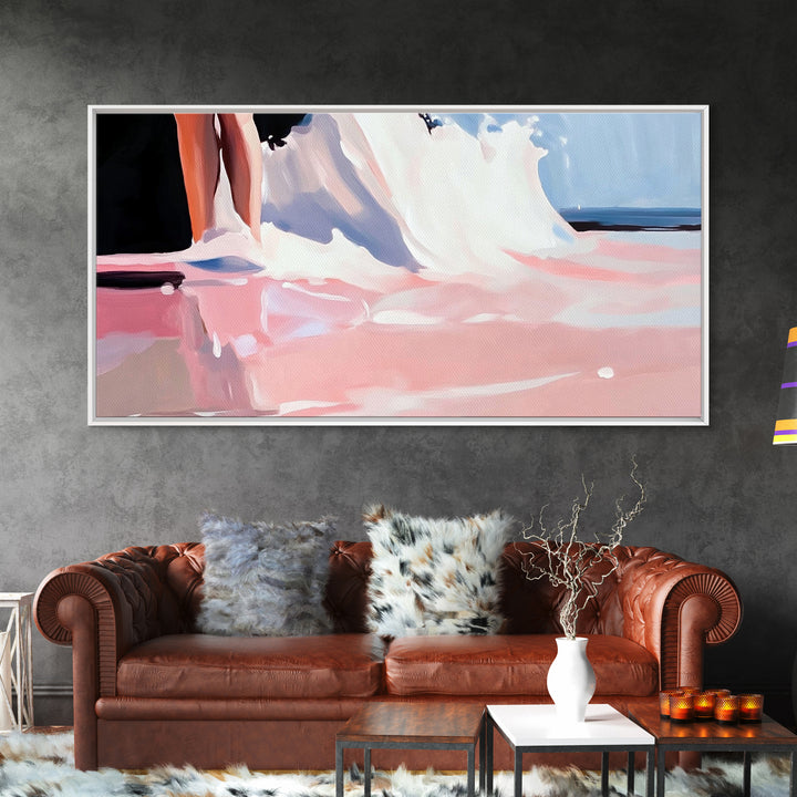 Abstract Waves, Coastal Aesthetic, Beach Sunset, Living Room Wall Art, Canvas Print, Ocean Home Decor, Modern Seaside Artwork, Pink and Blue