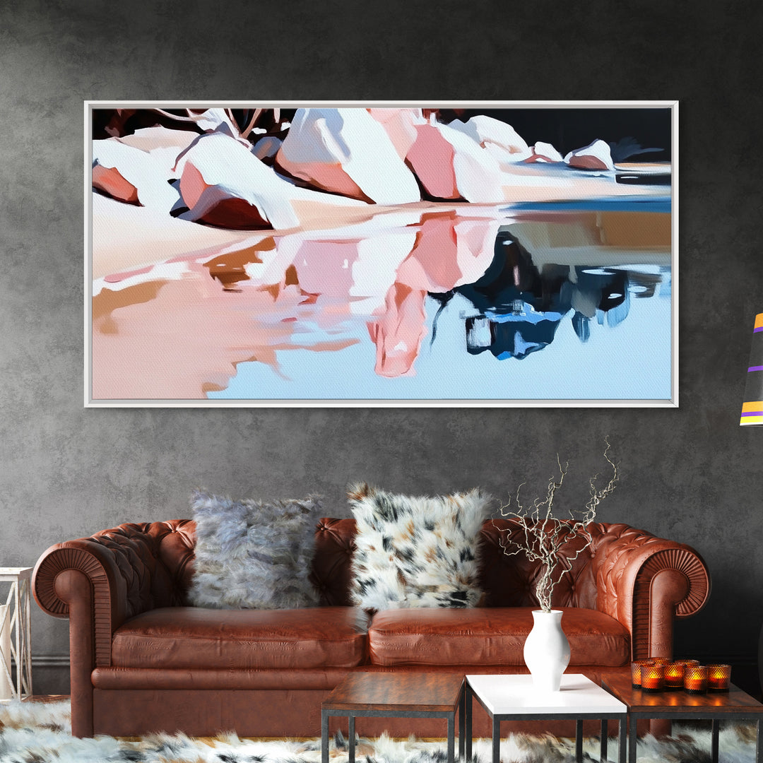 Beach Reflection, Coastal Landscape, Modern Seascape, Minimalist Decor, Framed Canvas Print, Ocean Tranquility, Relaxing Aesthetic