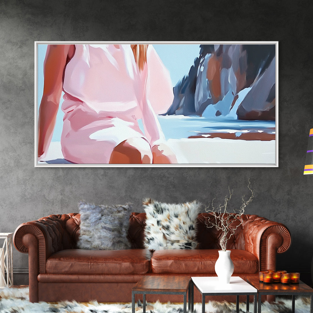 Beach Woman, Summer Aesthetic, Ocean Fashion, Boho Wall Art, Framed Canvas Print, Coastal Beauty, Modern Beach House Decor, Minimalist Artwork