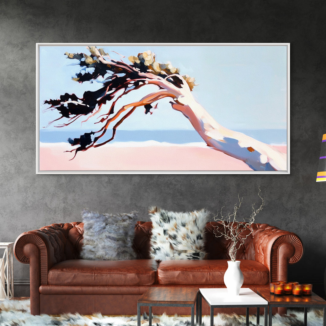 Coastal Tree, Windy Beach, Ocean Breeze, Framed Canvas Print, Minimalist Art, Coastal Wall Art, Living Room Wall Art, Beach House Decor