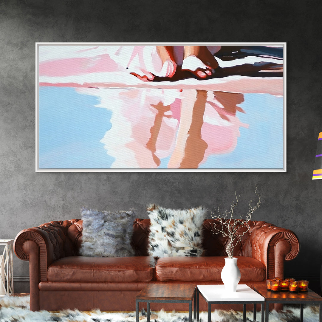 Barefoot Reflection, Sunlit Serenity, Beachside Calm, Framed Canvas Print, Coastal Home Decor, Ocean Art, Dreamy Seascape, Minimalist Aesthetic