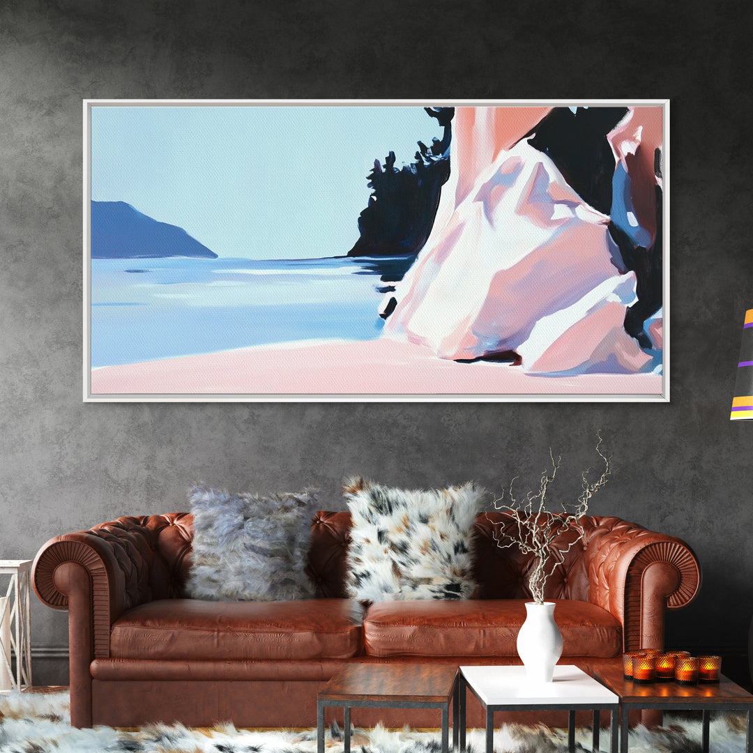 Cliffside View, Tranquil Waters, Framed Canvas Print, Coastal Wall Art, Minimalist Landscape, Serene Home Decor, Blue and Blush Tones