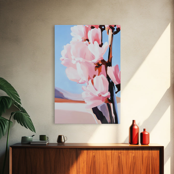 Blush Magnolia Art, Minimalist Floral Painting, Elegant Spring Decor, Pastel Botanical Print, Framed Canvas Print, Bedroom Wall Art