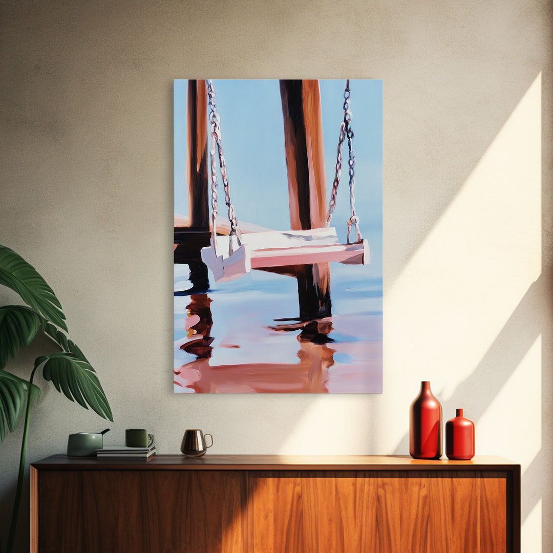 Dock Swing, Reflection Art, Nautical Decor, Relaxing Beach Scene, Minimalist Water Art, Canvas Print, Coastal Wall Art, Rustic Charm