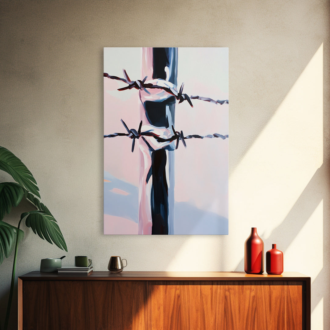 Barbed Wire, Western Art, Minimalist Ranch Style, Rustic Fence, Framed Canvas Print, Modern Wall Art, Cowboy Aesthetic, Bold Home Decor