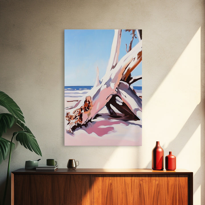 Driftwood Art, Coastal Scene, Beach Sunset, Rustic Ocean Decor, Bohemian Style, Canvas Print, Living Room Wall Art, Nautical Home Decor