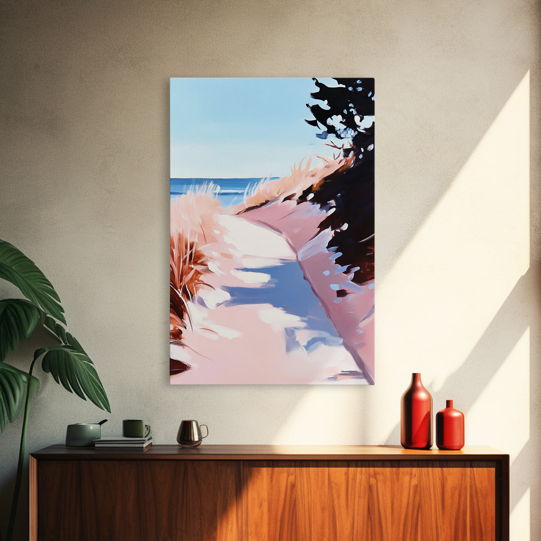 Coastal Dunes, Seaside Pathway, Beach Grass, Tranquil Nature Scene, Canvas Print, Living Room Wall Art, Soft Pastel Landscape