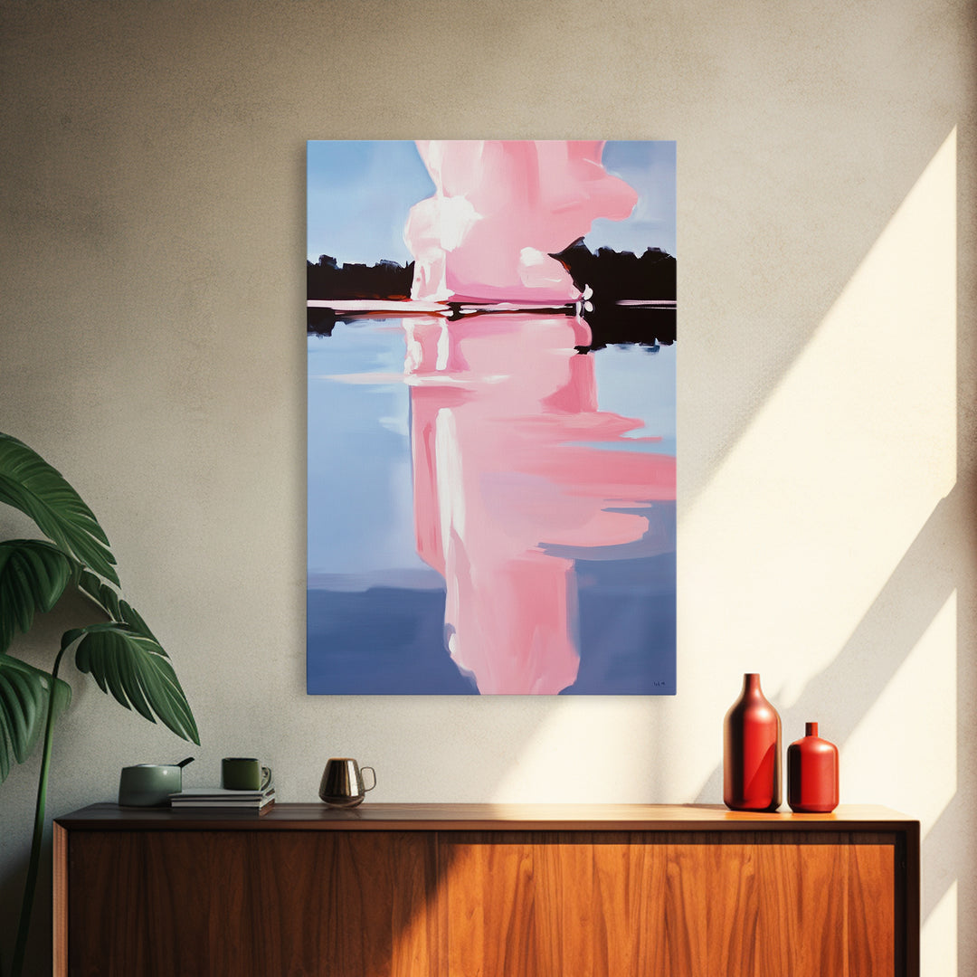 Pink Cloud, Reflection Art, Modern Landscape, Framed Canvas Print, Blue Sky Painting, Large Wall Art, Minimalist Decor, Office Art