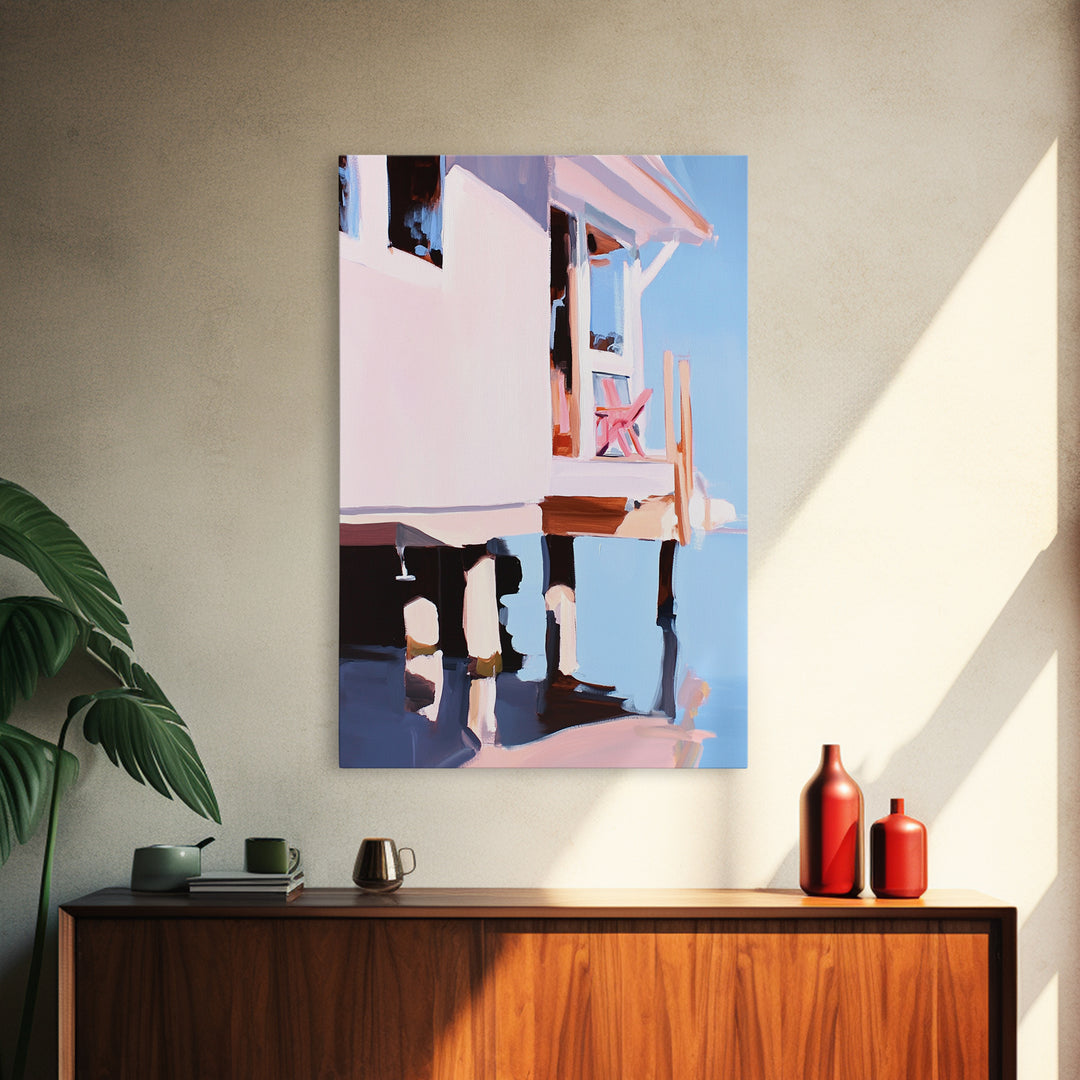 Coastal House, Seaside Home, Beachfront Art, Framed Canvas Print, Modern Coastal Art, Living Room Wall Art, Ocean Painting